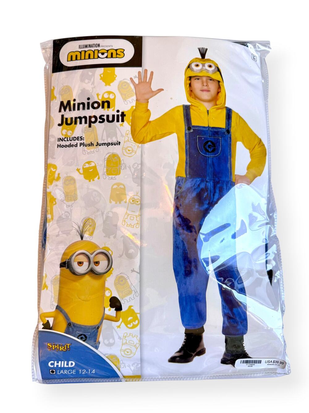 Spirit Halloween Minion Plush Jumpsuit Costume w Hat & Goggles Child L 12-14